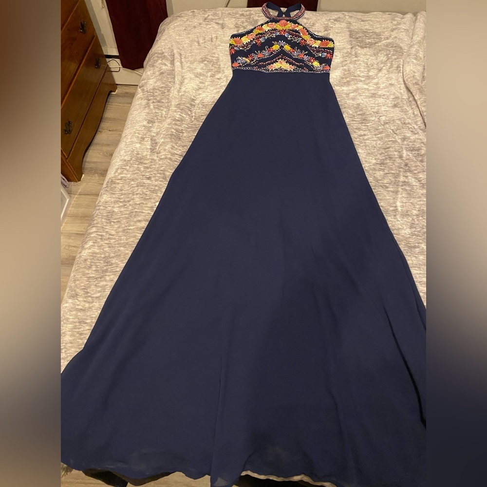 Women’s navy blue dress (sheer overlay) detailed stitching